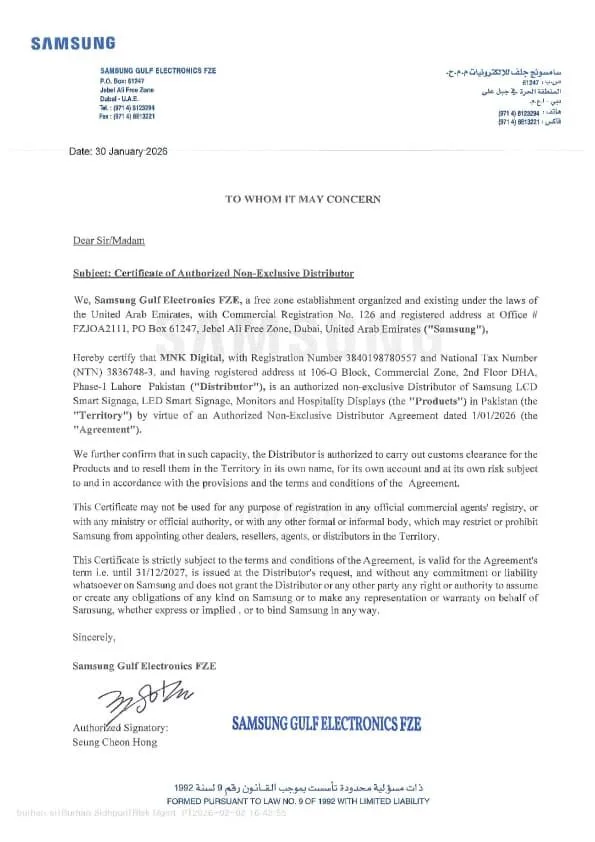 Samsung Authorized distributor certificate-MNK Digital Pakistan